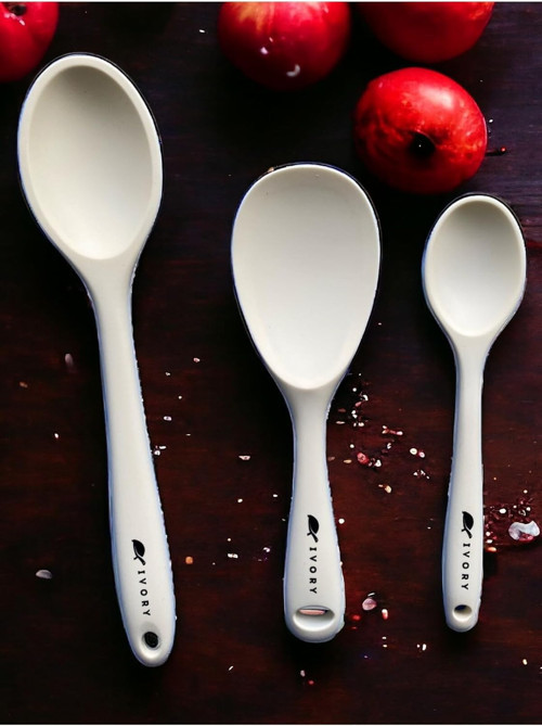 Multiamo Sert Uçlu Isıya Dayanıklı Silikon Kaşık Seti, 28 cm-22 cm-20 cm, Krem