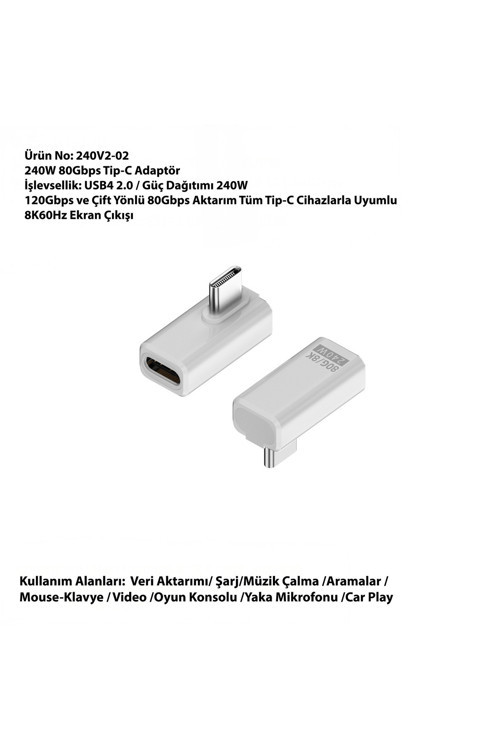 240W 80Gbps Tip-C Adaptör 20Gbps ve Çift Yönlü 80Gbps Aktarım Tüm Tip-C Cihazlarla Uyumlu