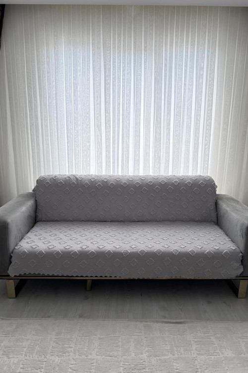 Fitilli Pondü 170x210 cm Kaymaz Taban Koltuk Örtüsü Gri