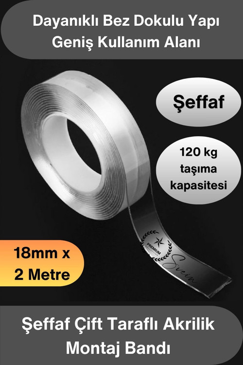 #ÇiftTaraflıBant Şeffaf Çift Taraflı Akrilik Montaj Bandı 18mm x 2 Metre Güçlü Yapışkan İz Bırakmaya