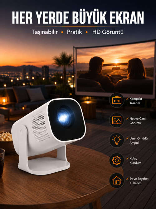 uygun Akıllı Projeksiyon Powerbankli Taşınabilir Sinema Projektörü 4k HD Kaliteli Yeni Nesil p