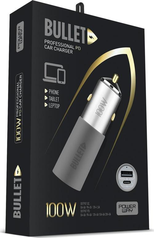 Bullet 100W Araç Çakmaklık Şarj Cihazı Type-C ve Usb Çıkışlı Profesyonel Turbo Hızlı Şarj