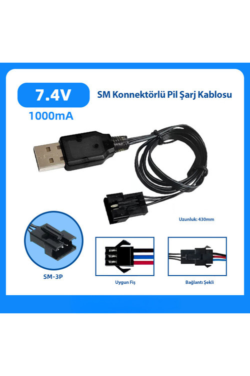 7.4V Lityum Pil USB Şarj Kablosu 3 Pin 1000mA Şarj Adaptörü 430mm Uzunluk Pil Şarj Kablosu