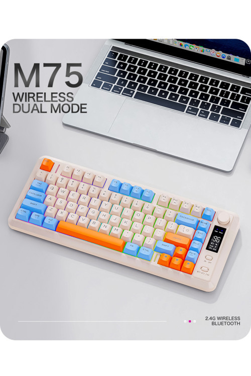 M75 kablosuz 2.4ghz kablosuz + bt çift Modlu klavye Led Ekranlı oyun klavyesi ile PBT Knob Rainbow