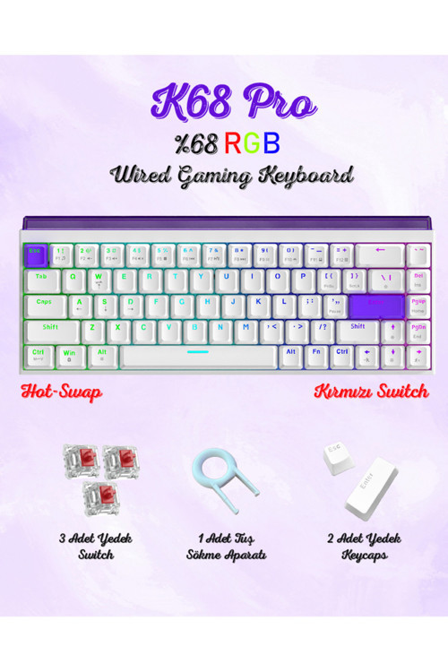 K68 Pro Kablolu Mekanik Oyuncu Klavyesi Hottswapp Red Switch Driverli Türkçe Q Gaming Beyaz Klavye.