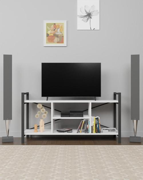 Tv Ünitesi Raflı Metal Ayaklı Tv Sehpası Beyaz