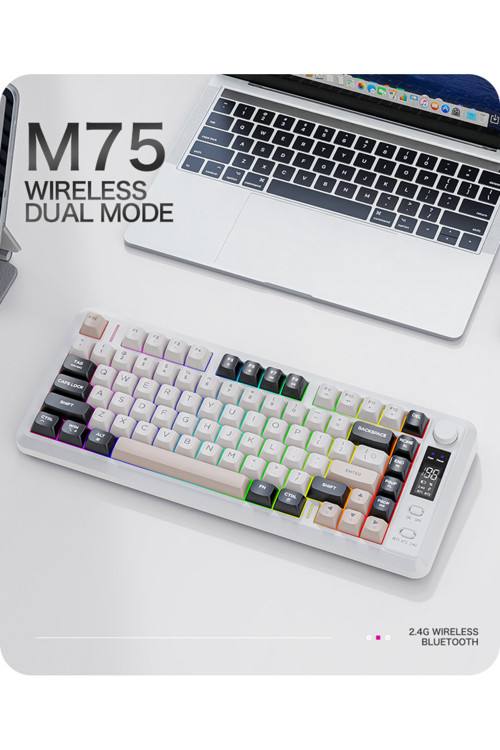 M75 kablosuz 2.4ghz kablosuz + bt çift Modlu klavye Led Ekranlı oyun klavyesi ile PBT Knob Rainbow