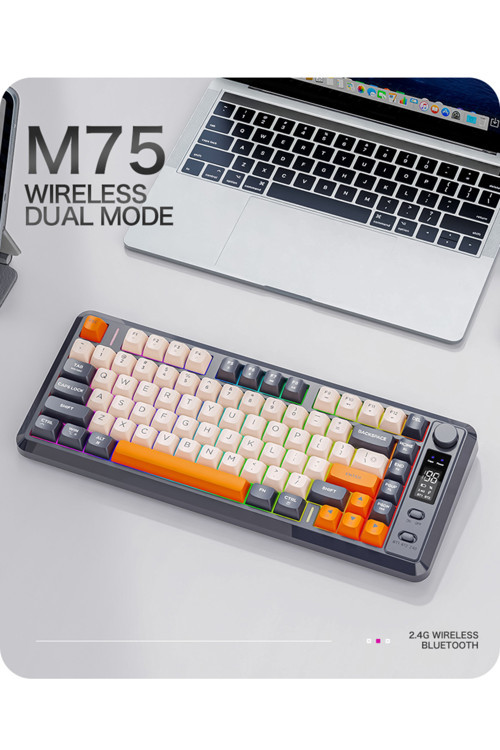 M75 kablosuz 2.4ghz kablosuz + bt çift Modlu klavye Led Ekranlı oyun klavyesi ile PBT Knob Rainbow
