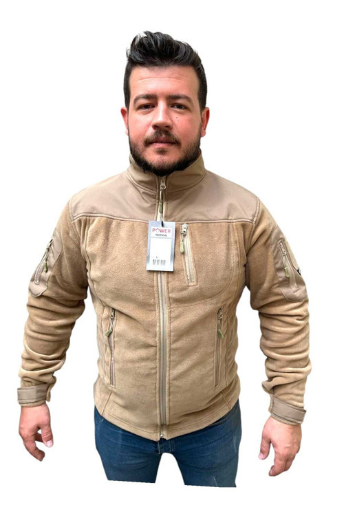 Askervadisi Taktik Çok Cepli Polar Mont Shoftshel Detaylı Bej Renk