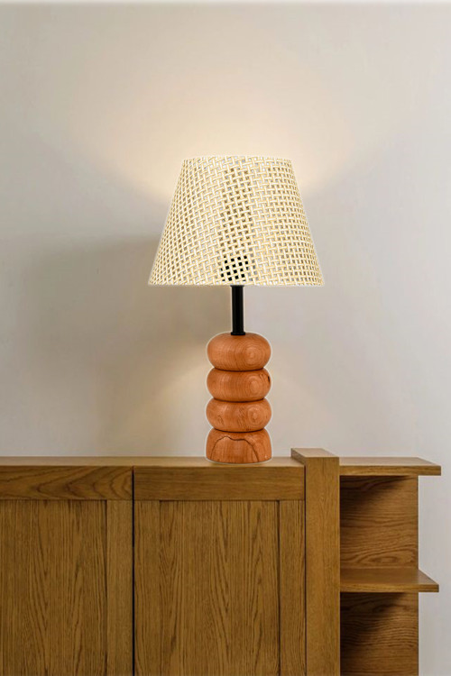 Natural Ahşap Ayaklı Rattan Kumaş Abajur
