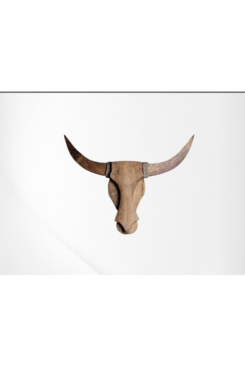 BullCow Pilli Sarıçam Ahşap Boğa Kafası Dekoratif Aplik Avize Duvar Dekoru (Peri LED li)