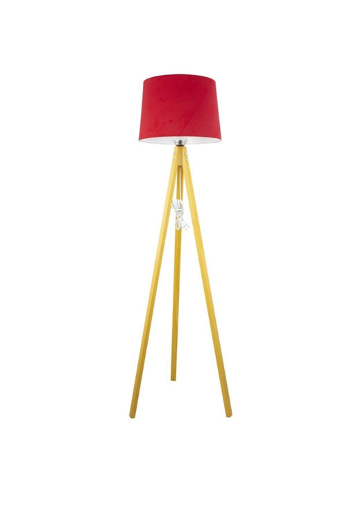 Rustik Ahşap 3 Ayak Natural Açık Kahverengi Tripod Lambader Kırmızı Konik Şapka