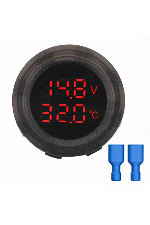 Yuvarlak Voltmetre Termometre 12V 24V Panel Tip Montaj Dijital Kırmızı Renk Led Sıcaklık Isı Voltaj