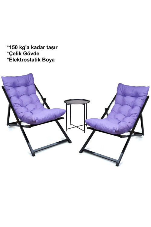 VIP Seri Minderli - Yums Şezlong Seti Katlanır Ikili Set - 2 Şezlong 1 Sehpa