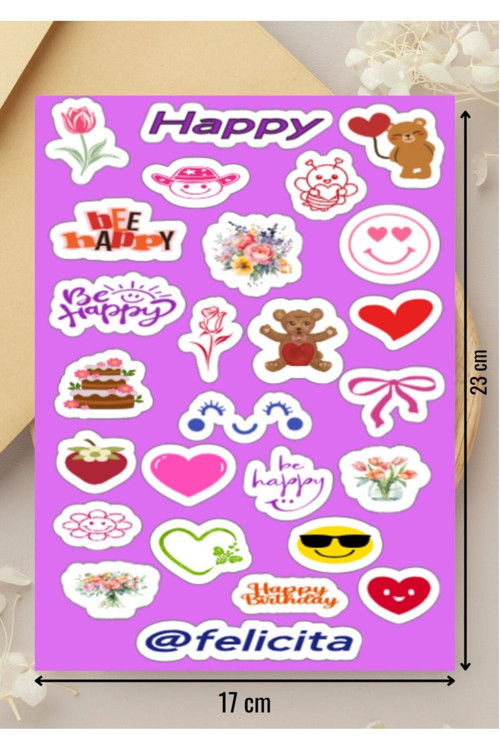 Mutluluk Etiketleri Sevimli Happy Ayıcık Kalp Defter Süsleme Hediyelik Sticker Seti - 1 Sayfa