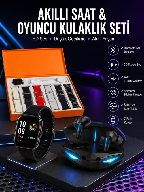 7 Kordonlu Akıllı Saat Ve Oyuncu Kulaklığı ANC Özelliği Kulak İçi Mikrofonlu Sesli Görüş