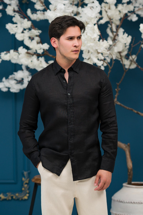 Regular Fit Gizli Düğmeli Yaka %100 Linen Ham Keten Gömlek