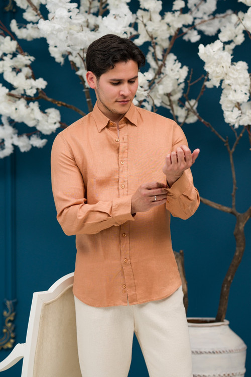 Regular Fit Gizli Düğmeli Yaka %100 Linen Ham Keten Gömlek