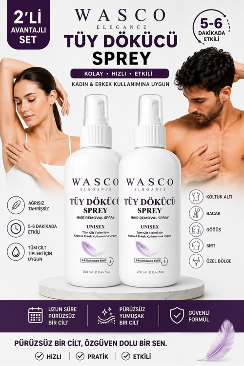 Unisex Tüy Dökücü Sprey 250 Ml X 2 Adet – Kadın & Erkek Tüm Vücut Kullanımına Uygun