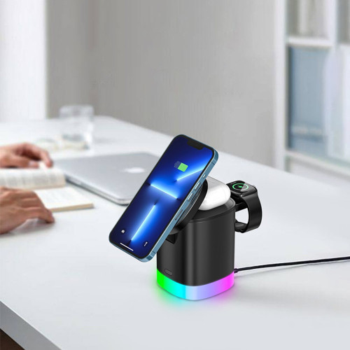 3'ü 1 Arada MagSafe Kablosuz Şarj Standı 15W RGB Işıklı Telefon, Apple Watch ve Kulaklık Şarj İstasyonu