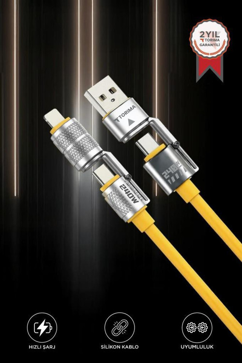 U23 Sarı 4in1 Silikon 240W USB-A/Type-C Giriş,Type-C/Lightning Çıkış Hızlı Şarj Data Kablosu