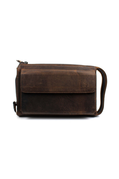 Erkek Hakiki Crazy Deri Kahverengi El Çantası Clutch Portföy Çanta