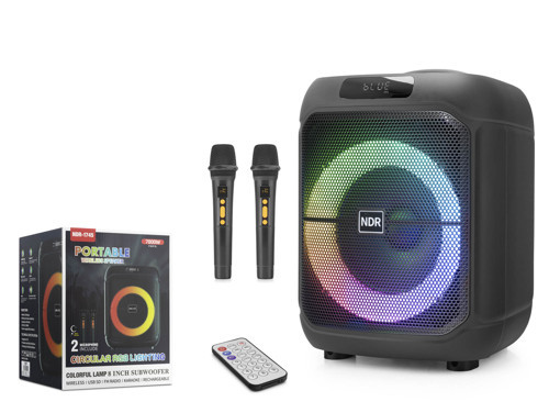 NDR1745 Çift Karaoke Mikrofonlu Bluetooth Hoparlör FM Radyo 20W 8 İnç RGB Kumandalı Siyah