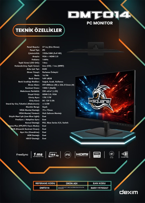 DMT014 27" 144Hz 1ms FHD HDMI VGA HDR Low Blue Light FreeSync Fast IPS Gaming Monitör