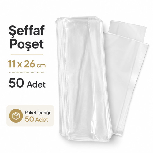 Şeffaf Poşet 11x26 Cm Kilitsiz Şeffaf Kalın Yırtılmaz Akıtmaz Şeker Şarküteri Poşeti 50 Adet