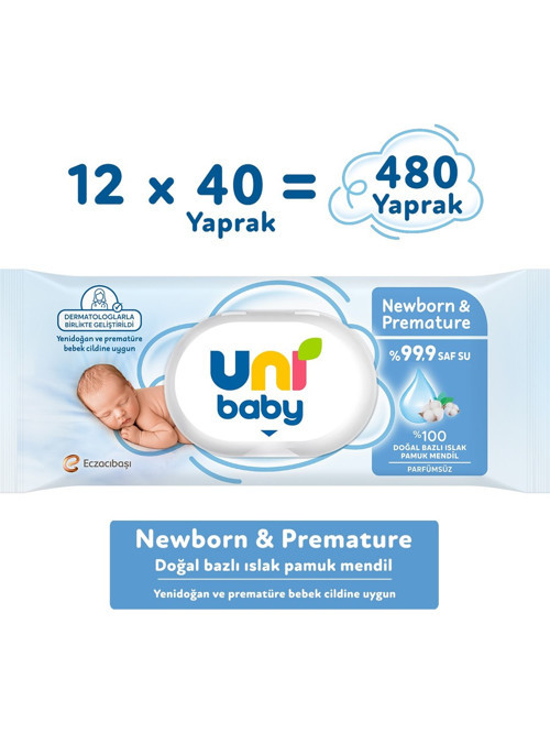 Newborn & Premature Yenidoğan Islak Pamuk Mendil 40 x 12 Adet