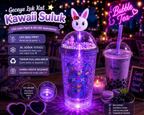 LED Işıklı Pipetli Kawaii Chibi Sevimli Tavşan Figürlü Çift Katmanlı İçecek Bardağı Suluk 450 ML Mor