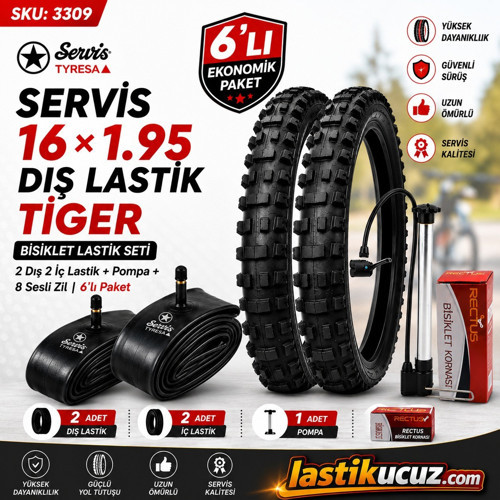 16X1.95 DIŞ LASTİK (TIGER) Bisiklet Lastiği +İç Lastiği (2 ŞER ADET TAKIM) +1 ADET BİSİKLET POMPASI +1 ADET 8 SES