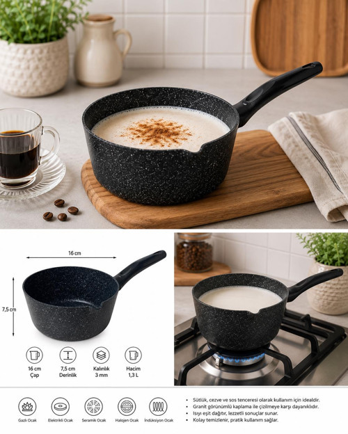16 cm Kapaklı Granit Görünümlü Sütlük Cezve | Pyrex Cam Kapaklı | Sosluk & Mini Tencere