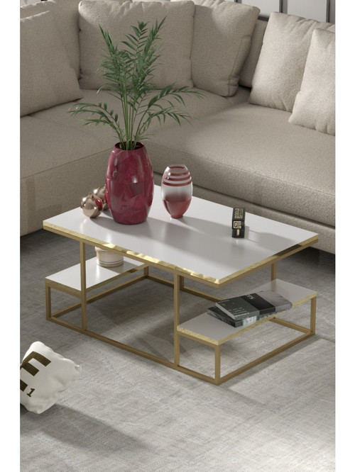 Orta Sehpa Delux Raflı Gold Beyaz