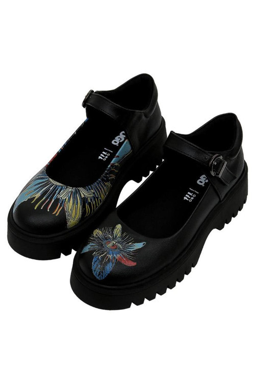 Kadın Vegan Deri Siyah Mary Jane Loafer - Passion Flower Tasarım