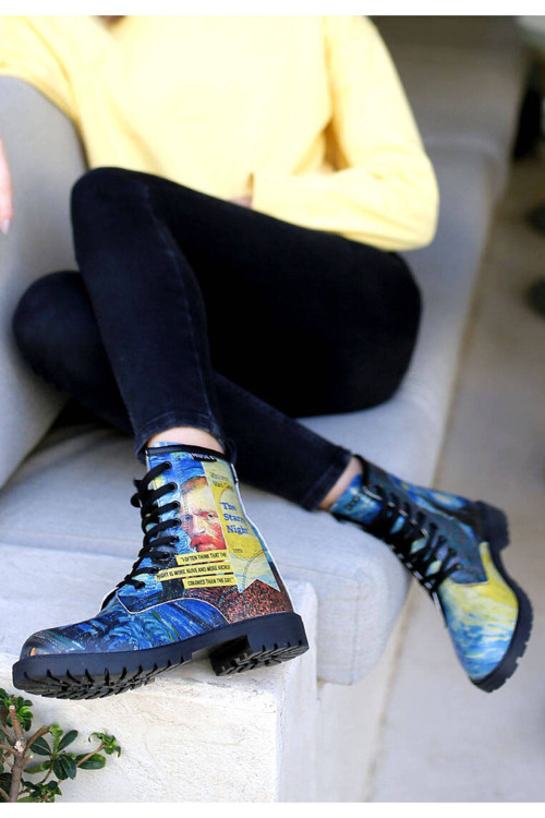 Kadın Vegan Deri Mavi Uzun Bot - Vincent Van Gogh The Starry Night Collage Muse Tasarım