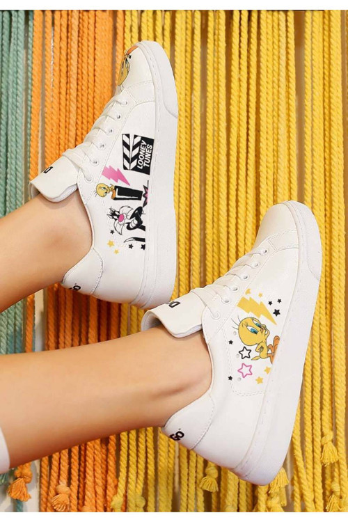 Kadın Vegan Deri Beyaz Sneakers - Best Of Tweety And Sylvester Tasarım