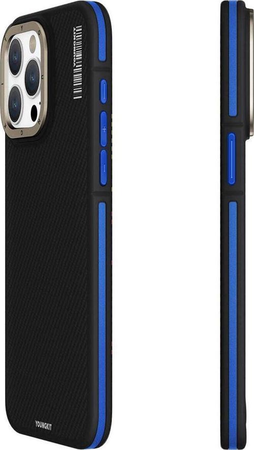 İphone 15 Pro Max Uyumlu Kılıf Magsafe Şarj Özellikli Youngkit 600D Kevlar Kapak Mavi