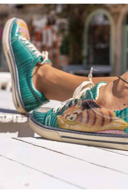 Kadın Vegan Deri Yeşil Sneakers - You Are A Sleepy Red Panda Tasarım