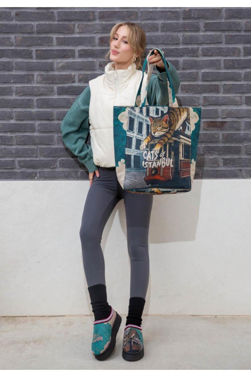 Kadın Vegan Turkuaz Large Tote Bag - Tram Nap Tasarım