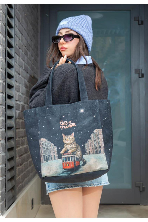 Kadın Vegan Siyah Large Tote Bag - Paws On Taksim Tasarım