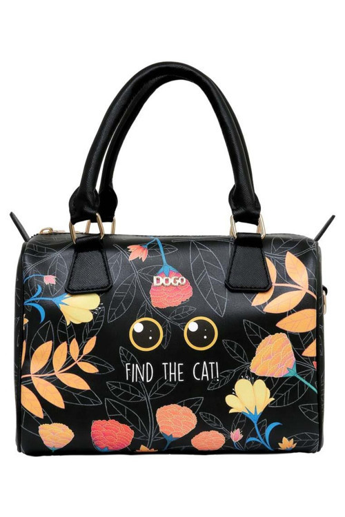 Kadın Vegan Deri Siyah El Çantası - Find The Cat Tasarım