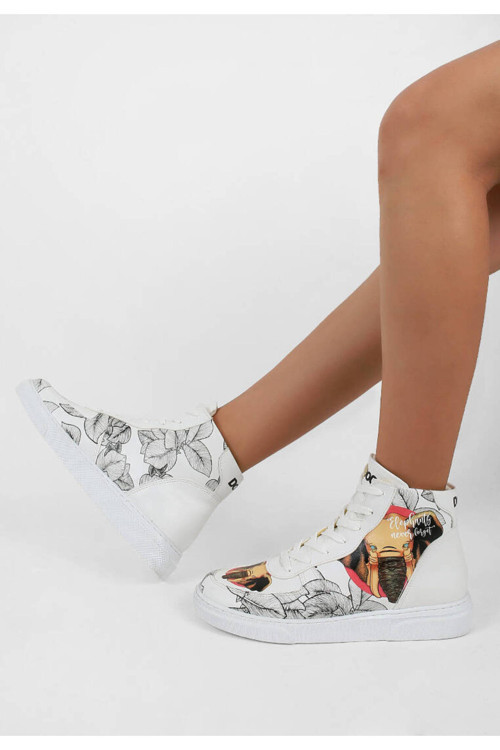 Kadın Vegan Deri Beyaz High Sneakers - Elephants Never Forget Tasarım