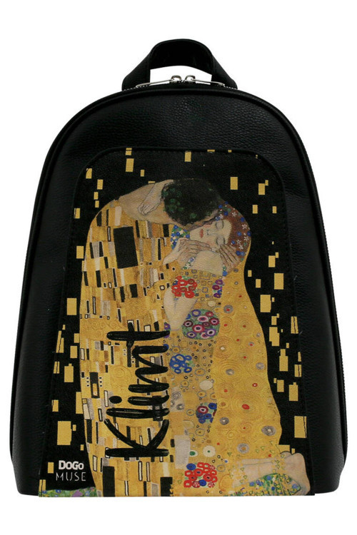 Kadın Vegan Deri Siyah Sırt Çantası - Gustav Klimt The Kiss Muse Tasarım