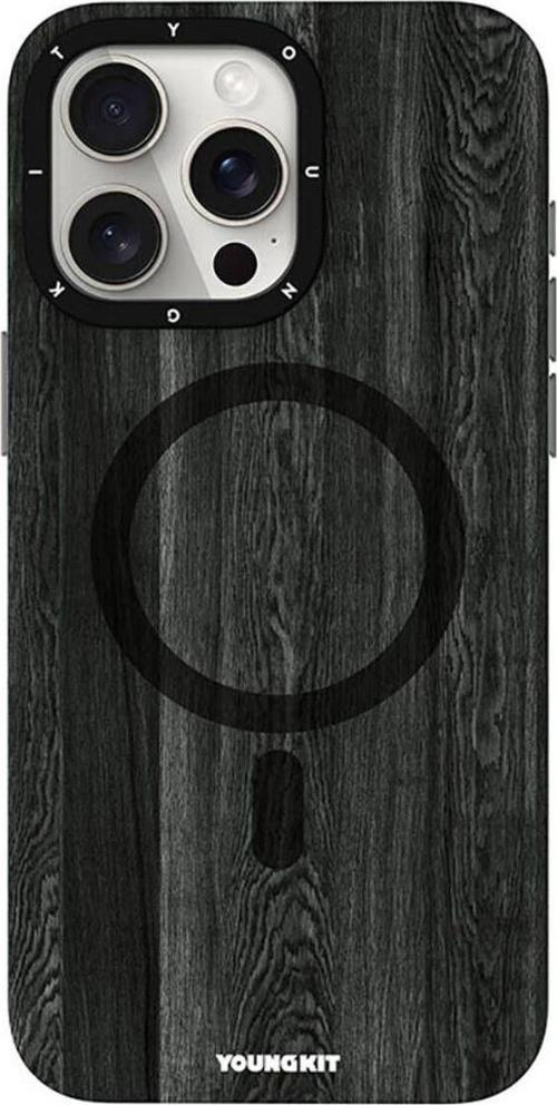 İphone 15 Pro Max Uyumlu Kılıf Magsafe Şarj Özellikli Youngkit Ahşap Desenli Wood Forest Seri Siyah