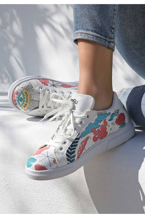 Kadın Vegan Deri Beyaz Günlük Sneakers - Open Your Mind Tasarım