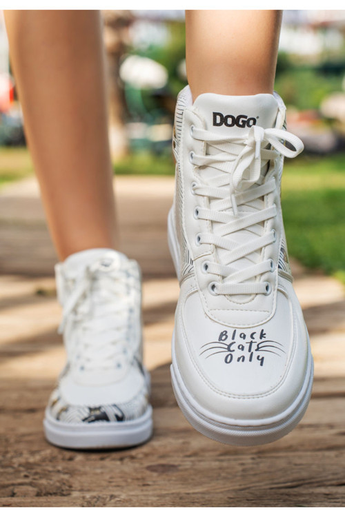 Kadın Vegan Deri Beyaz High Sneakers - Black Cats Only Tasarım