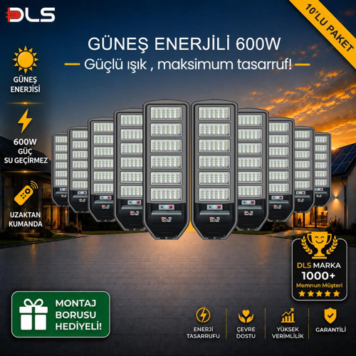 10'lu Paket DLS 600W Güneş Enerjili Solar Sokak Lambası Hareket Sensörlü LED Bahçe Aydınlatması