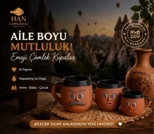 Kapadokya Çömlek Emojili Kahve Aile Kupa Seti 3lü