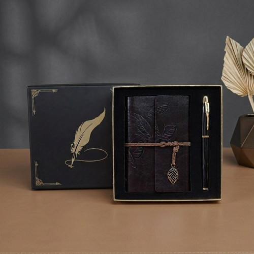 Kutulu Deri Defter Metal Roller Kalem Seti - Yaprak Desenli - Baskıya Uygun